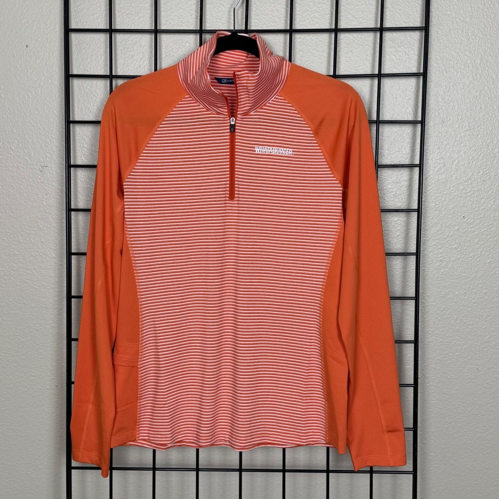 Whataburger Cutter & Buck Pullover Women M Orange Striped 1/4 Zip DryTec 50+ UPF